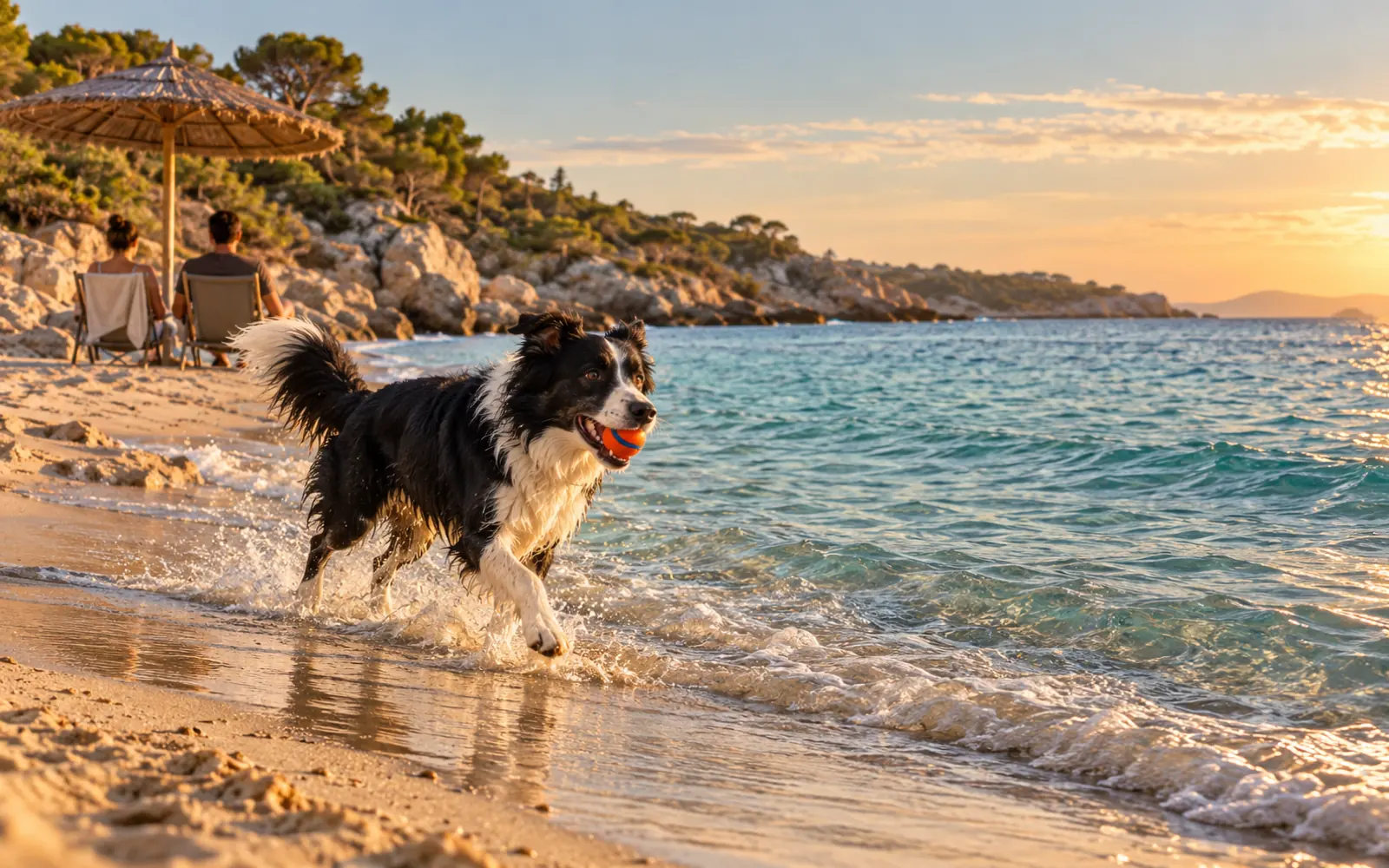 Un border collie corre sulla battigia al tramonto, con due persone sotto un ombrellone